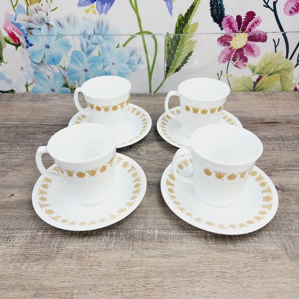 Corning Corelle Butterfly Gold Coffee Square Handle Cup Saucer Lot of 4 Vintage